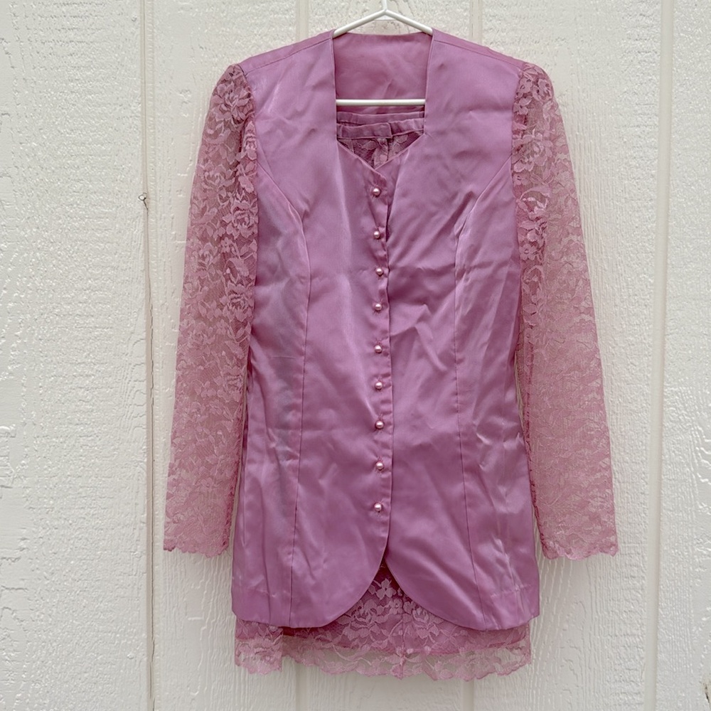 2 pc Lace Jacket and Skirt Pearl Buttons 
Barbiecore Pink Shiny Material Zipper